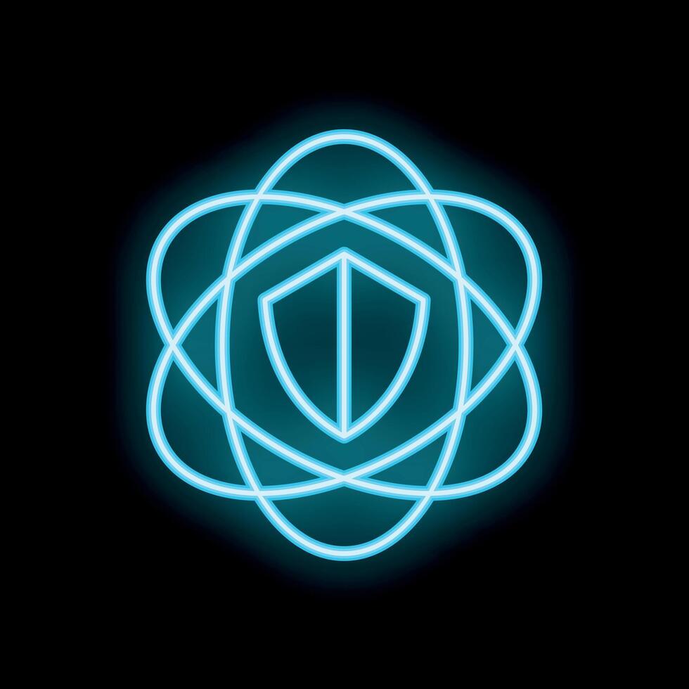 Neon blue shield icon orbiting around atom symbol on black background vector