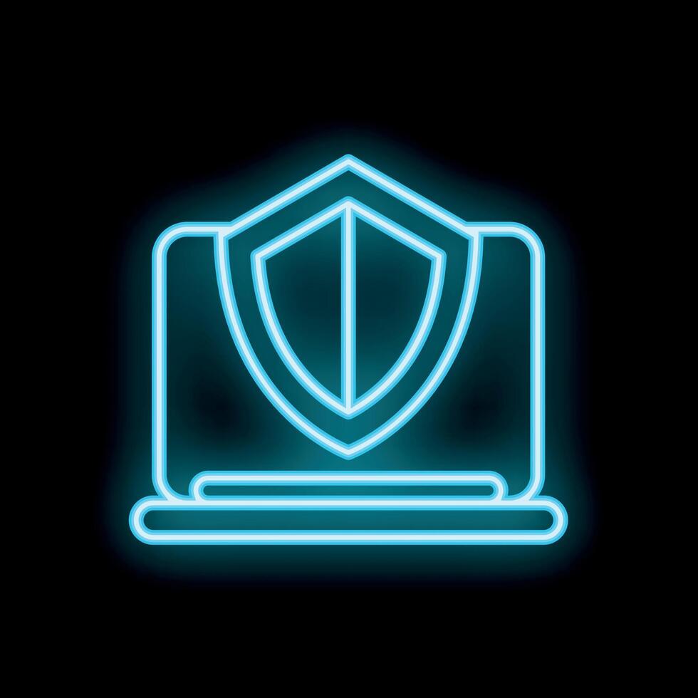 Neon blue shield covering laptop symbolizing online security vector