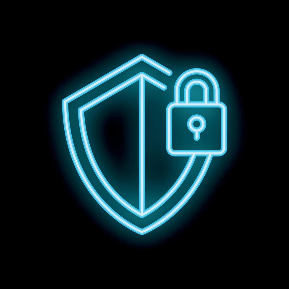Blue neon shield protecting padlock on black background vector