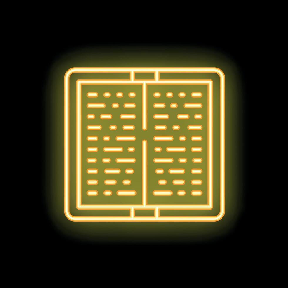 Yellow neon open book icon glowing on black background vector
