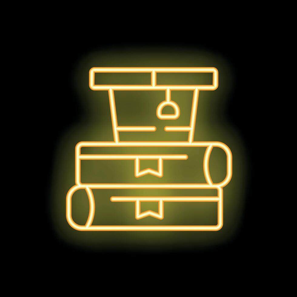 Yellow neon icon of graduation hat resting on stack of books symbolizing education vector