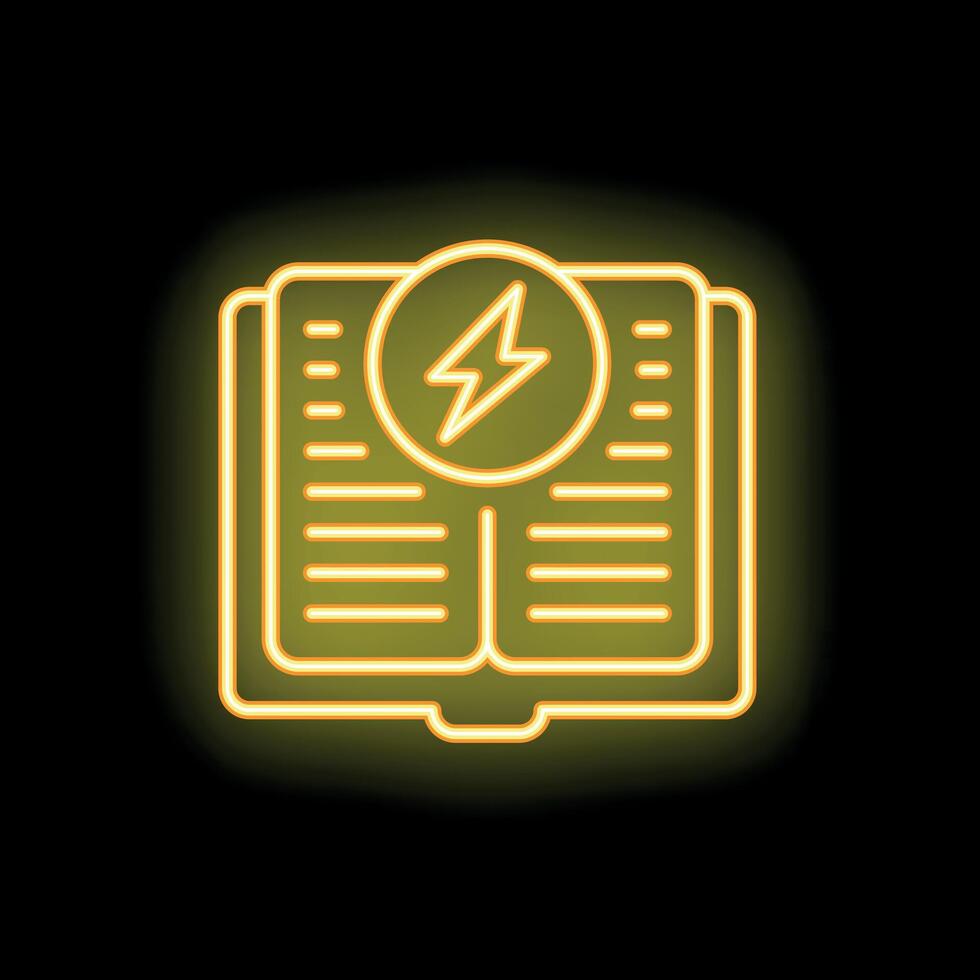 Neon yellow open book with lightning bolt icon glowing on black background vector