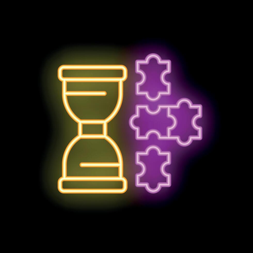 Neon icon of hourglass showing time running out to solve puzzle vector