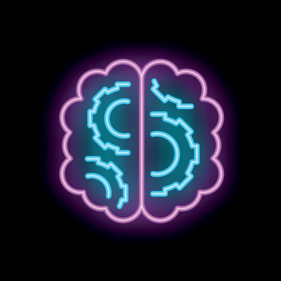 Neon brain with gears working showing concept of thinking vector