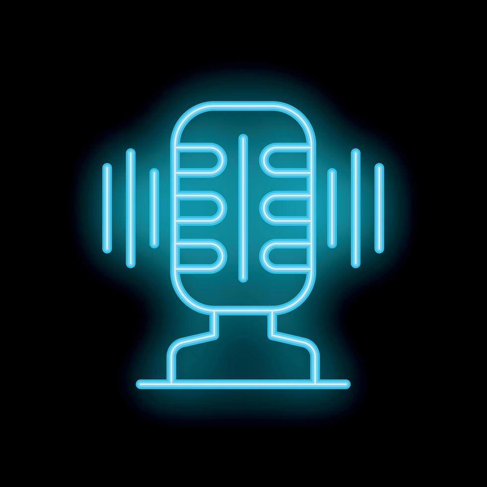 Neon microphone icon glowing with soundwaves on black background vector