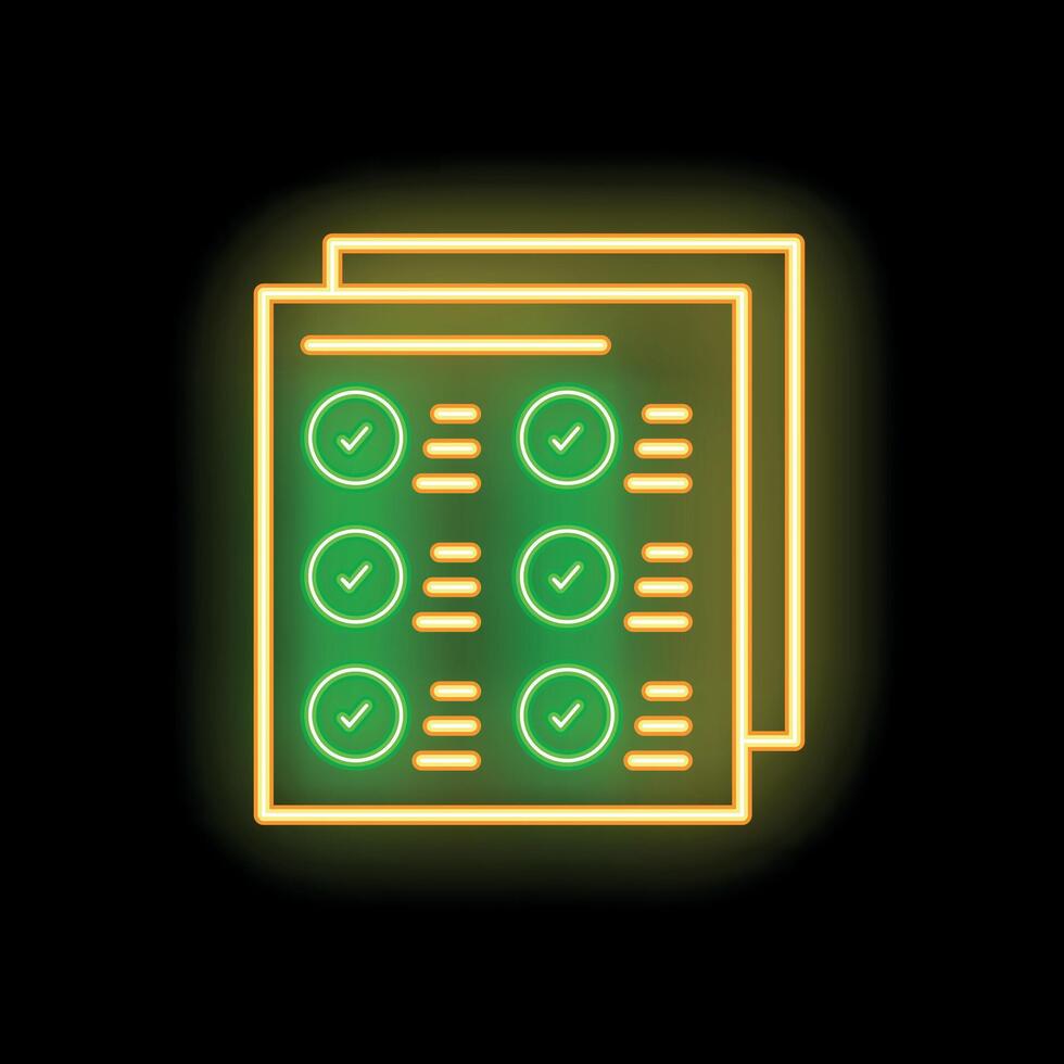 Neon icon of documents with check marks representing completed tasks vector