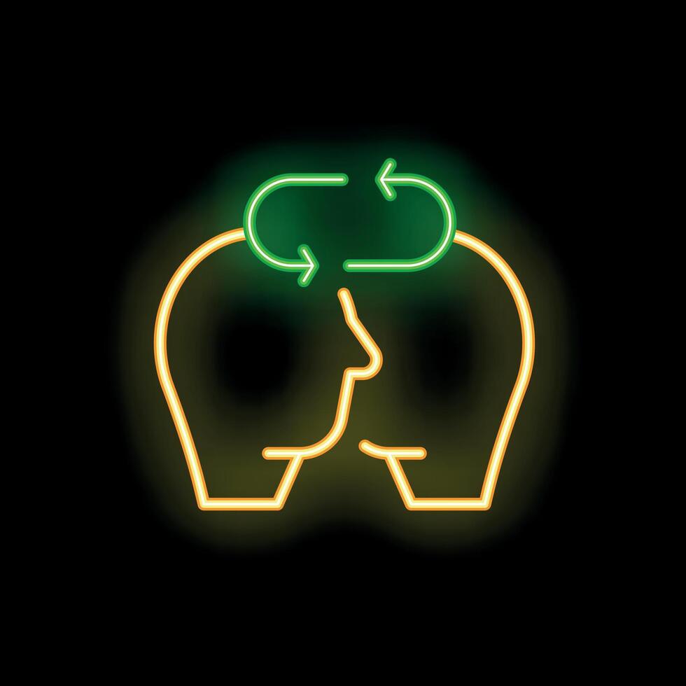 Neon icon of knowledge transfer and exchange between two people vector