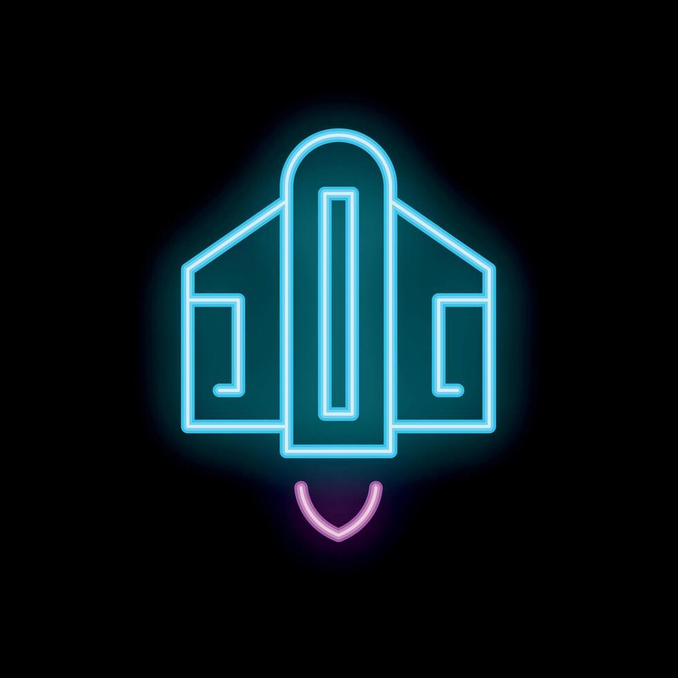 Neon spaceship taking off with rocket fire below on black background vector