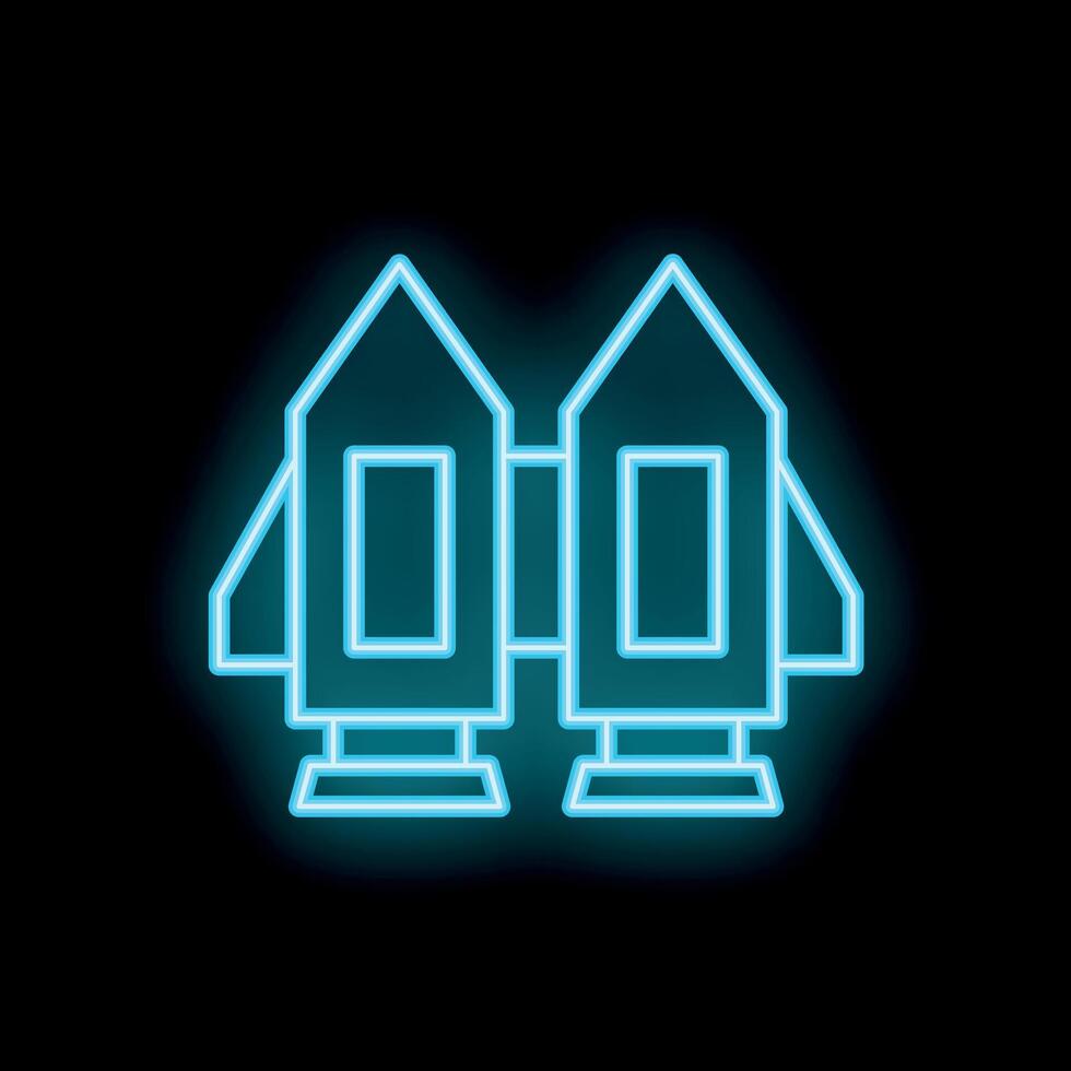Neon blue spaceship taking off from launchpad icon vector