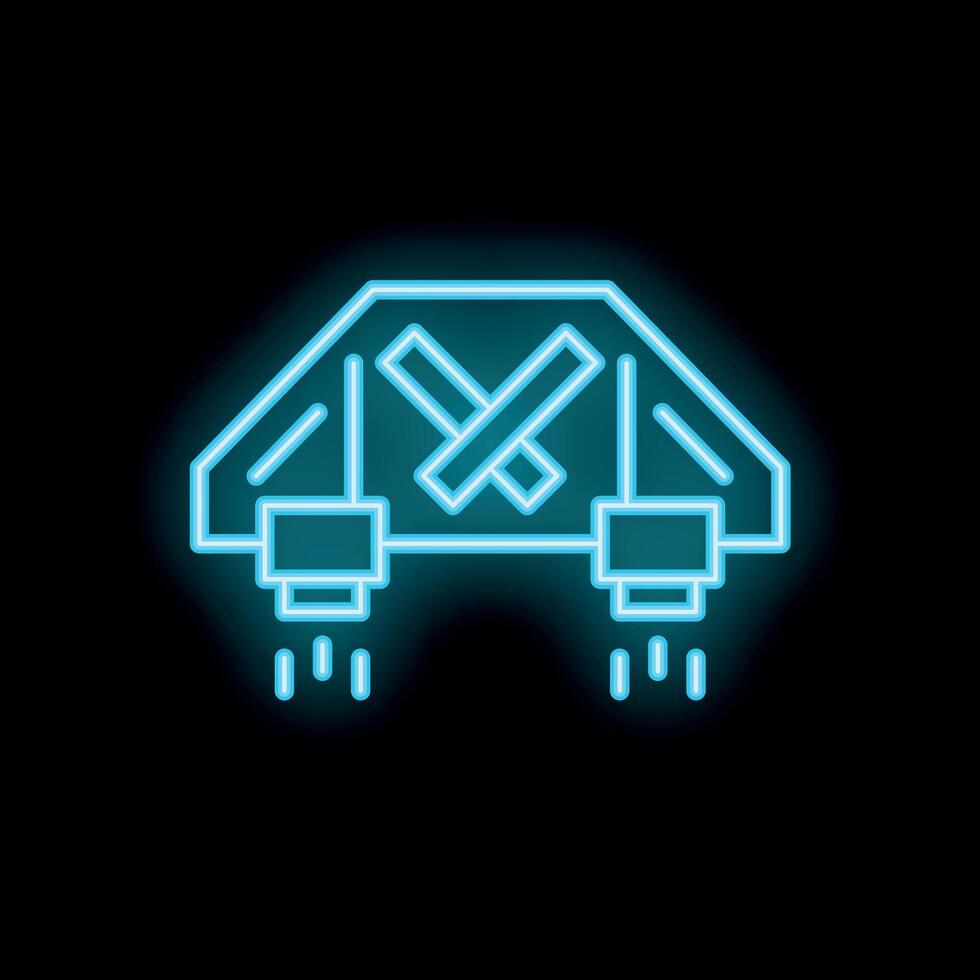 Neon sign of a futuristic flying car taking off with blue lights on black background vector