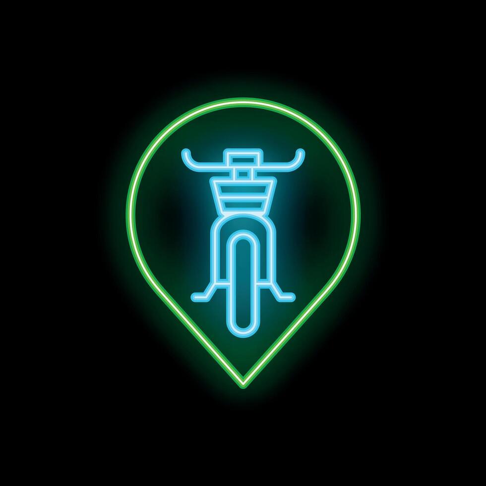 Neon green location pin icon showing a scooter on black background vector
