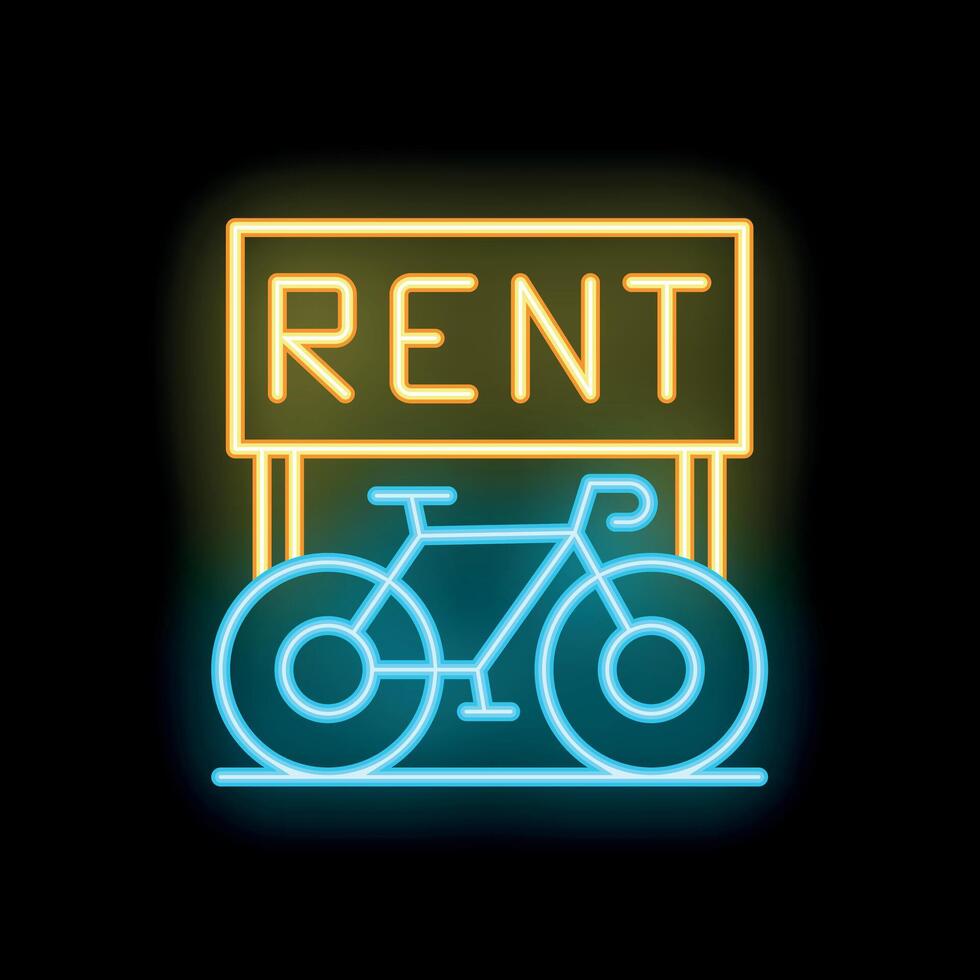 Glowing neon sign for bicycle rent service with bicycle silhouette vector