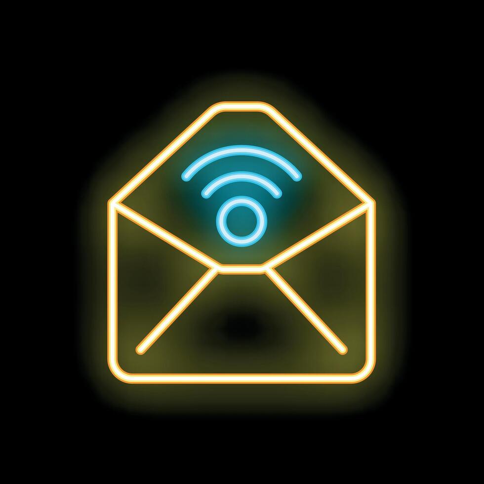 Neon mail envelope icon glowing with wifi signal on black background vector