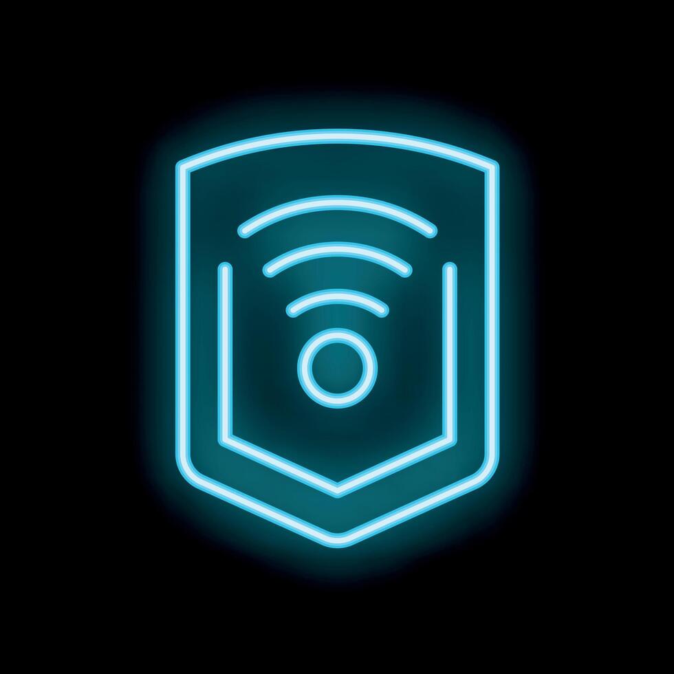 Neon blue shield protecting wifi symbol on black background vector