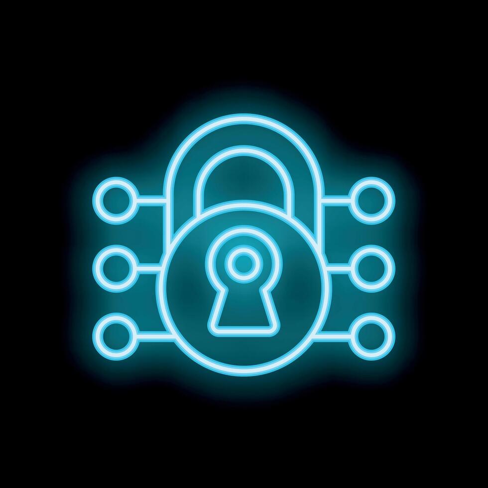 Neon padlock connecting data points illustrating cybersecurity concept vector
