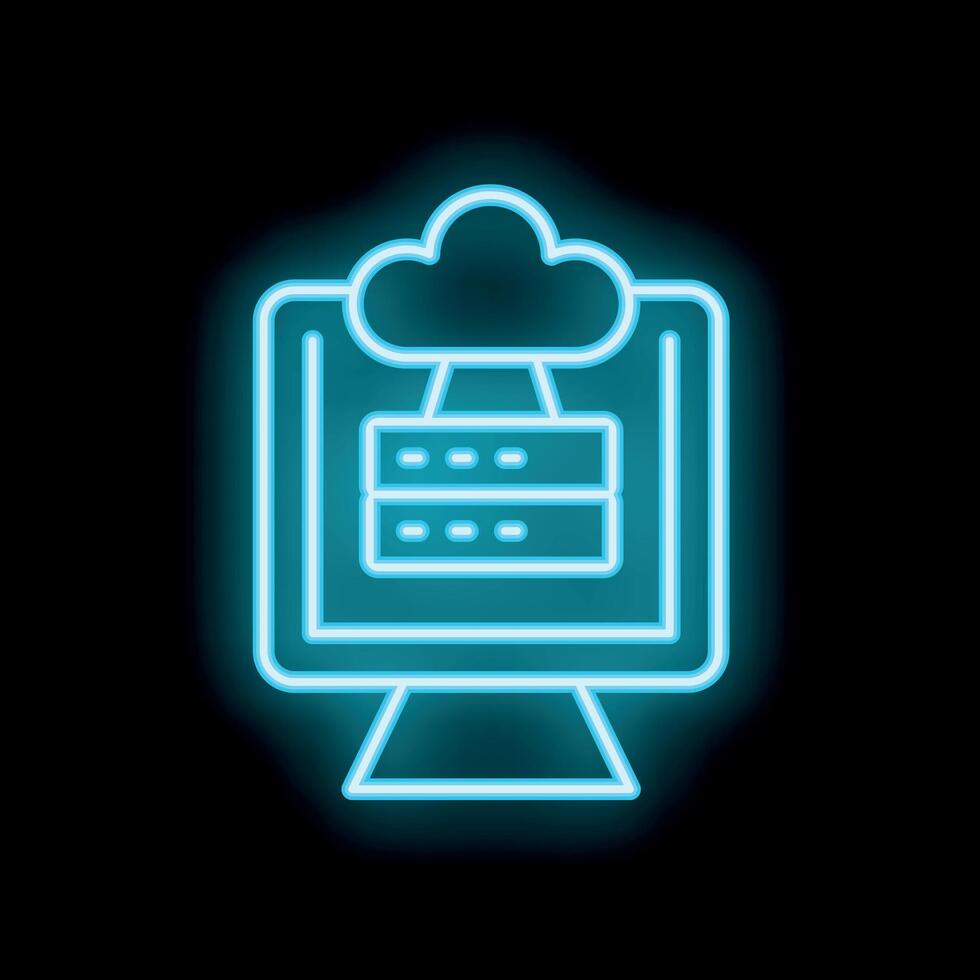 Neon blue cloud computing icon with computer and server vector