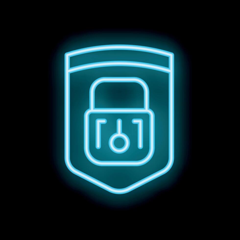Neon cyber security shield protecting digital information with lock icon vector