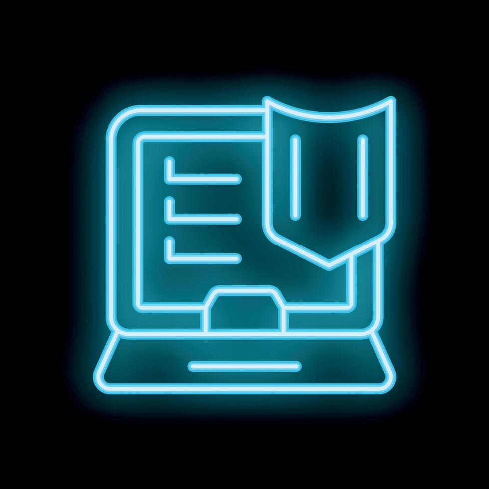 Neon icon of laptop displaying secured data protection shield vector