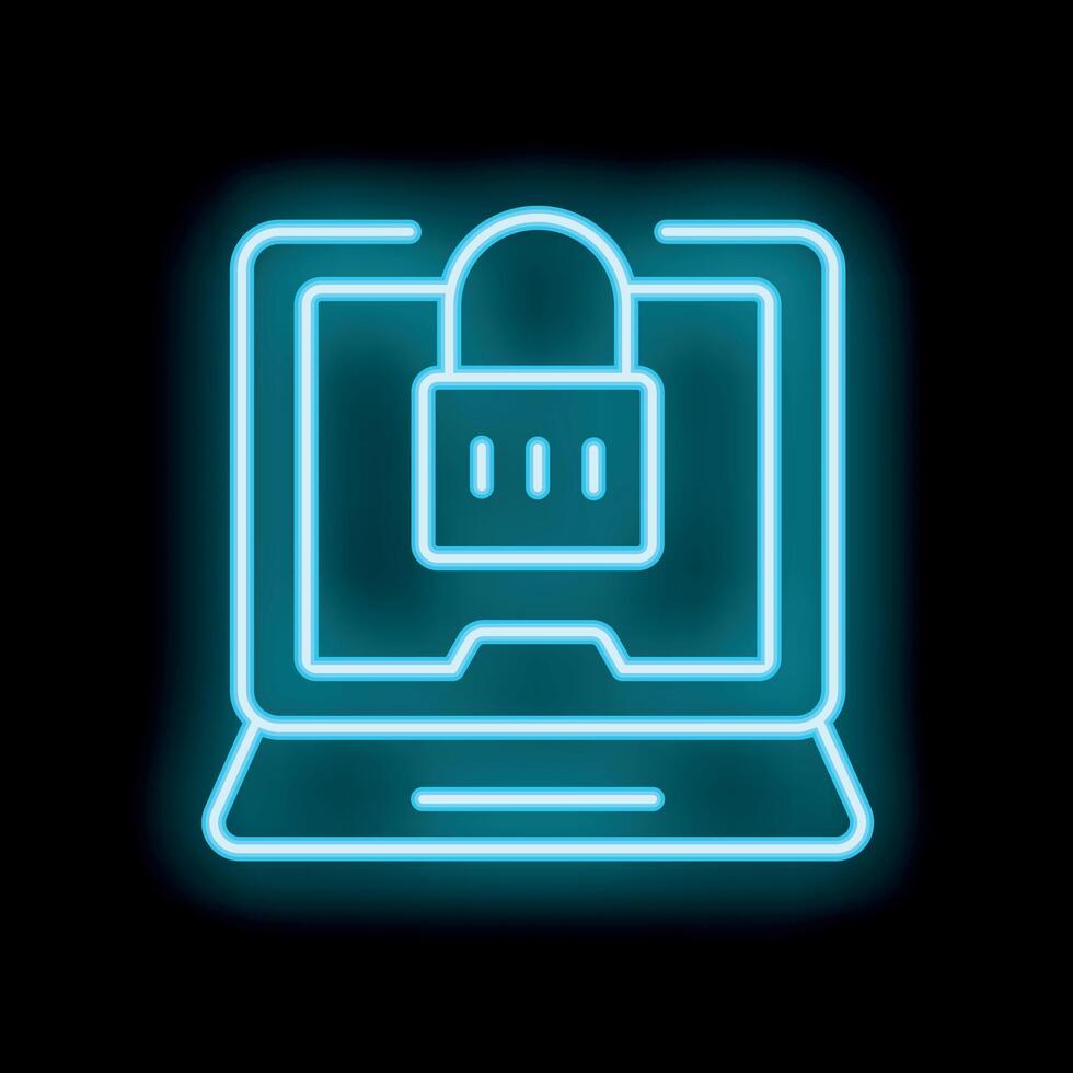 Neon cyber security icon showing laptop with padlock protecting data vector