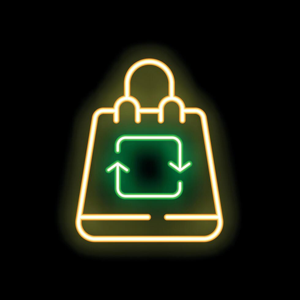 Neon sign of reusable shopping bag with recycle symbol on black background vector