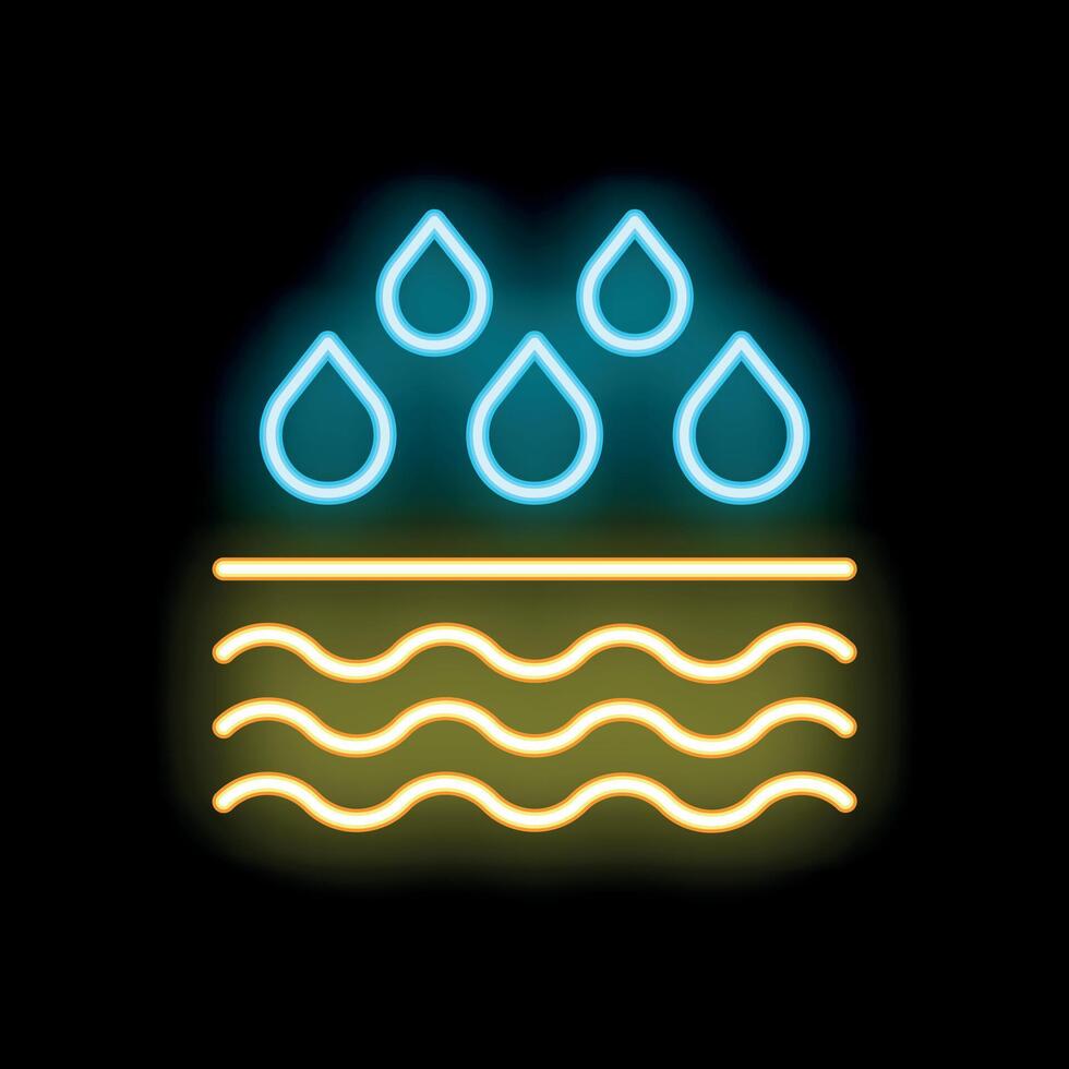 Neon icon of rain water falling on wavy surface vector
