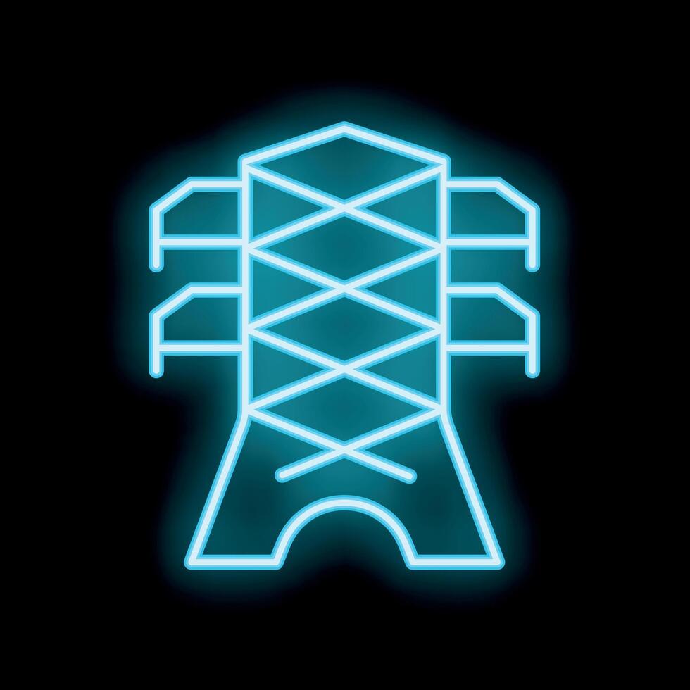 Neon icon of electricity pylon delivering power through cables vector