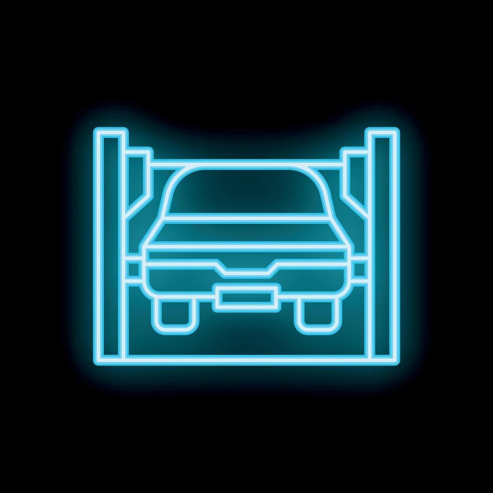Neon icon of car parked between two pillars on black background vector