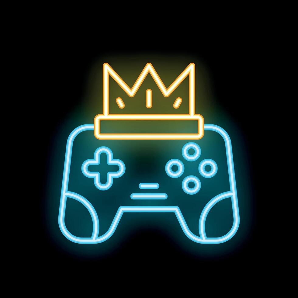 Neon gamepad wearing golden crown on black background vector