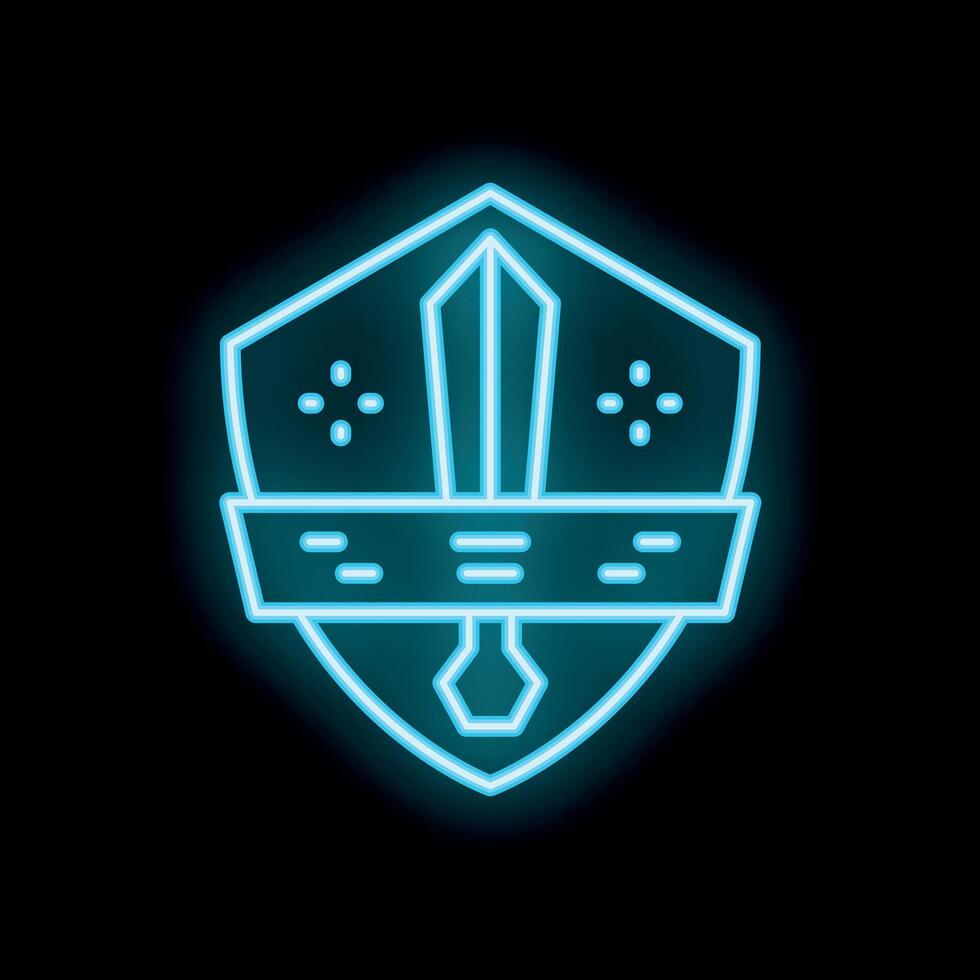 Neon shield with sword and crown glowing on black background vector