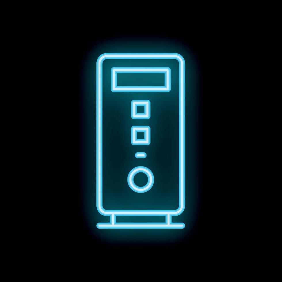 Blue neon computer case glowing against black background vector
