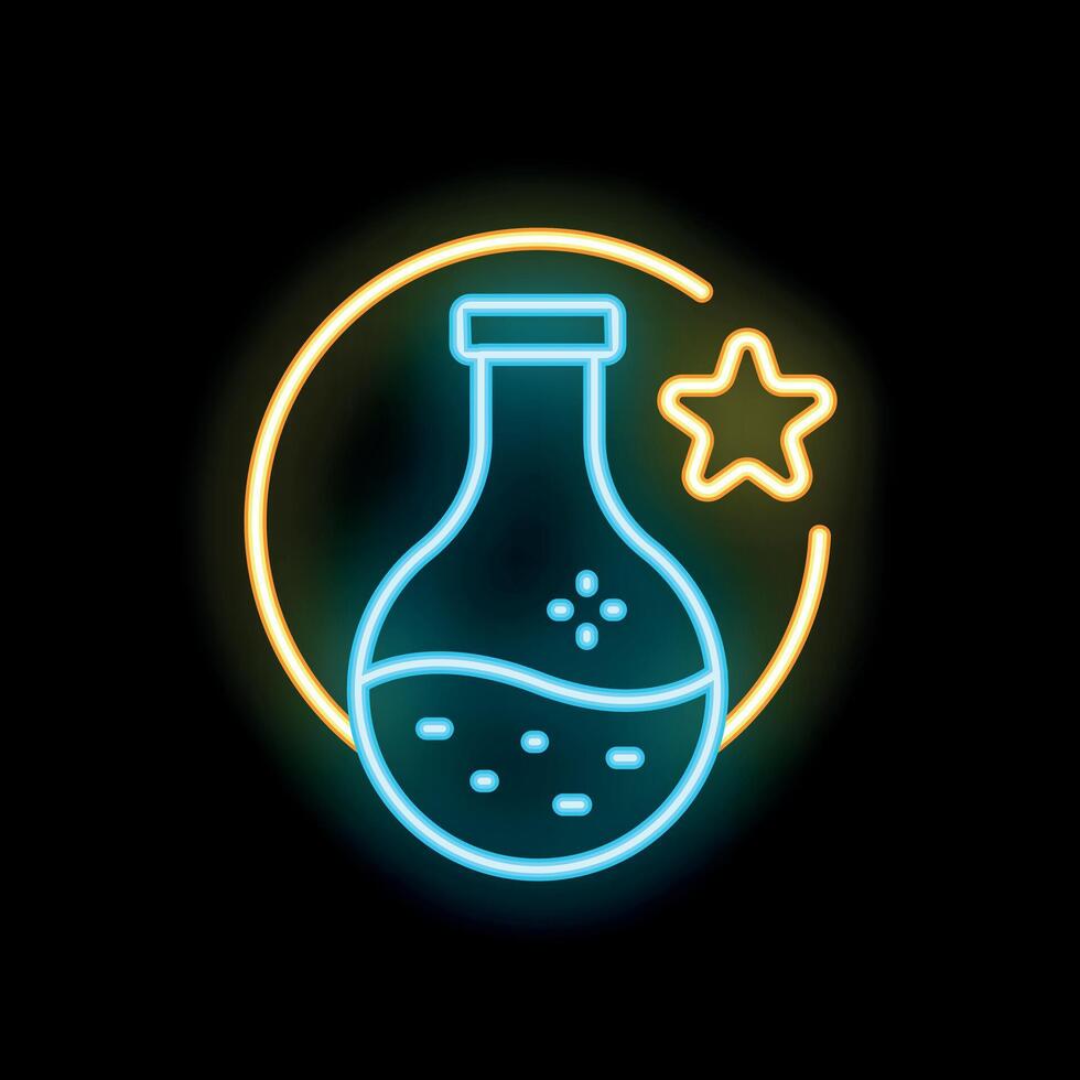 Neon sign of a chemical flask with star shining above for scientific discovery vector