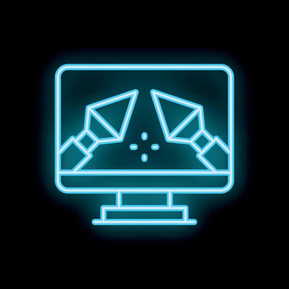 Neon icon of 3d modeling software showing two cameras focusing on object vector