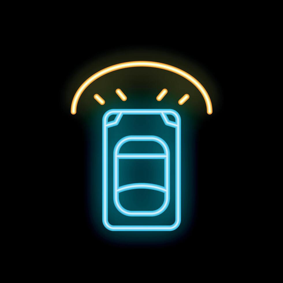 Neon sign showing car top view with alarm system on black background vector