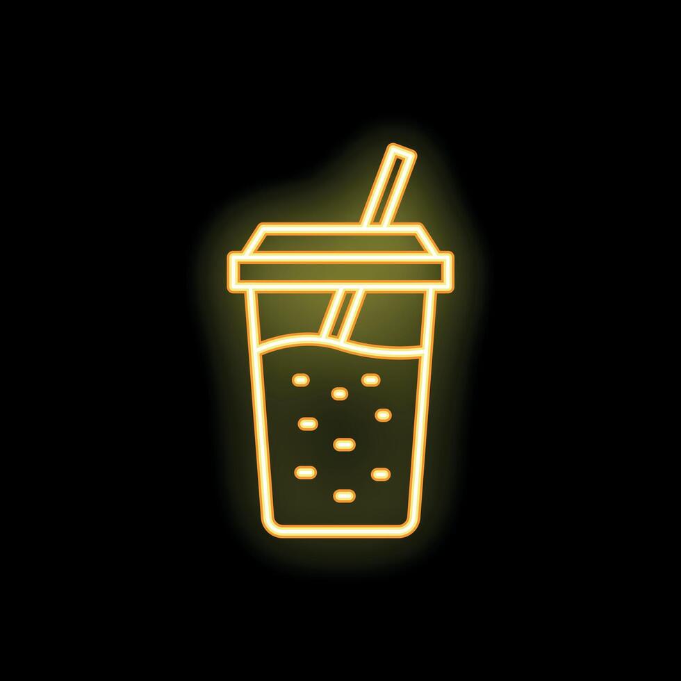Neon sign of drink with straw in plastic cup glowing on black background vector