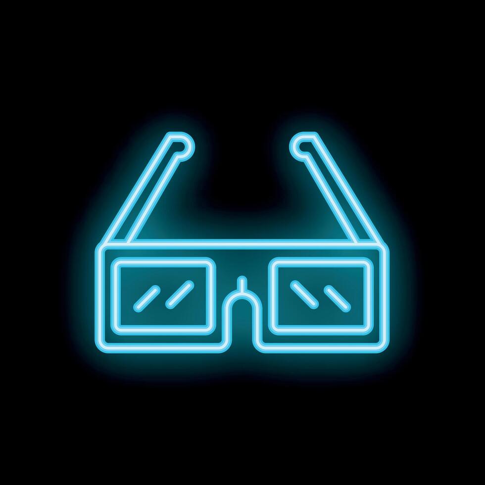 Blue neon sign 3d glasses icon glowing on black background vector