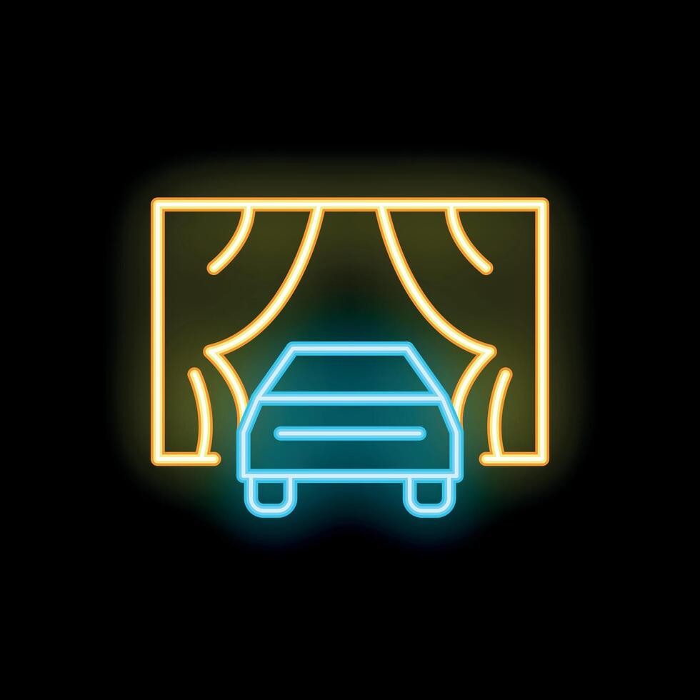 Neon icon of car unveiling event with stage curtains vector