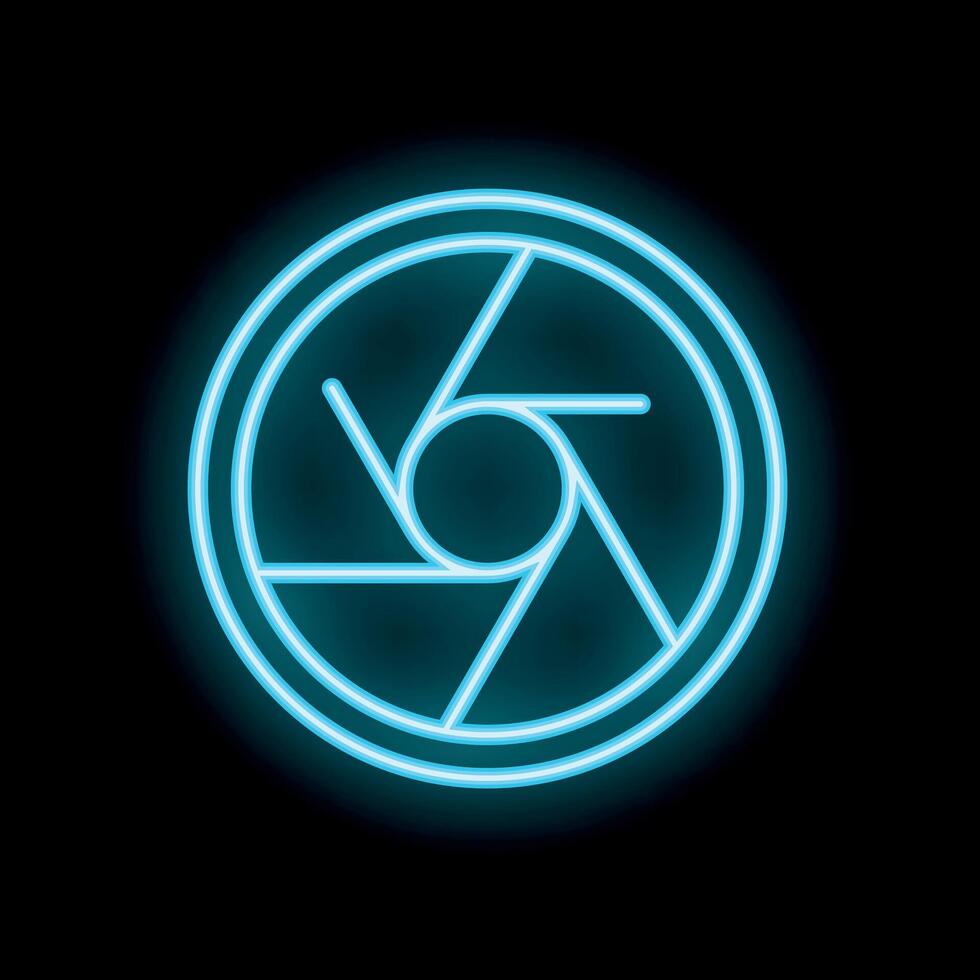 Neon blue camera shutter aperture icon glowing on black background vector