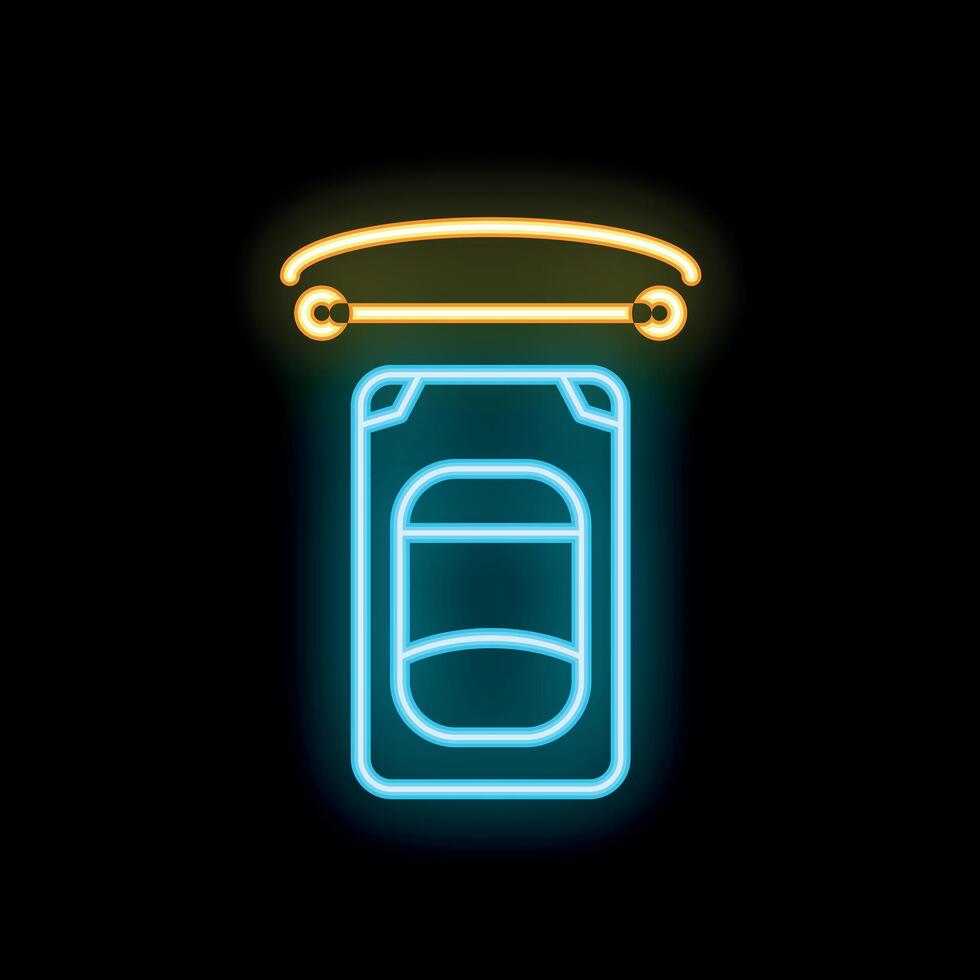 Neon sign of car being lifted by magnet from above on black background vector