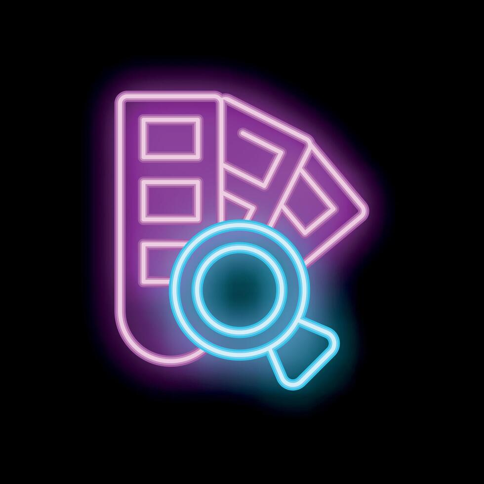 Neon magnifying glass examining color swatches for graphic design vector
