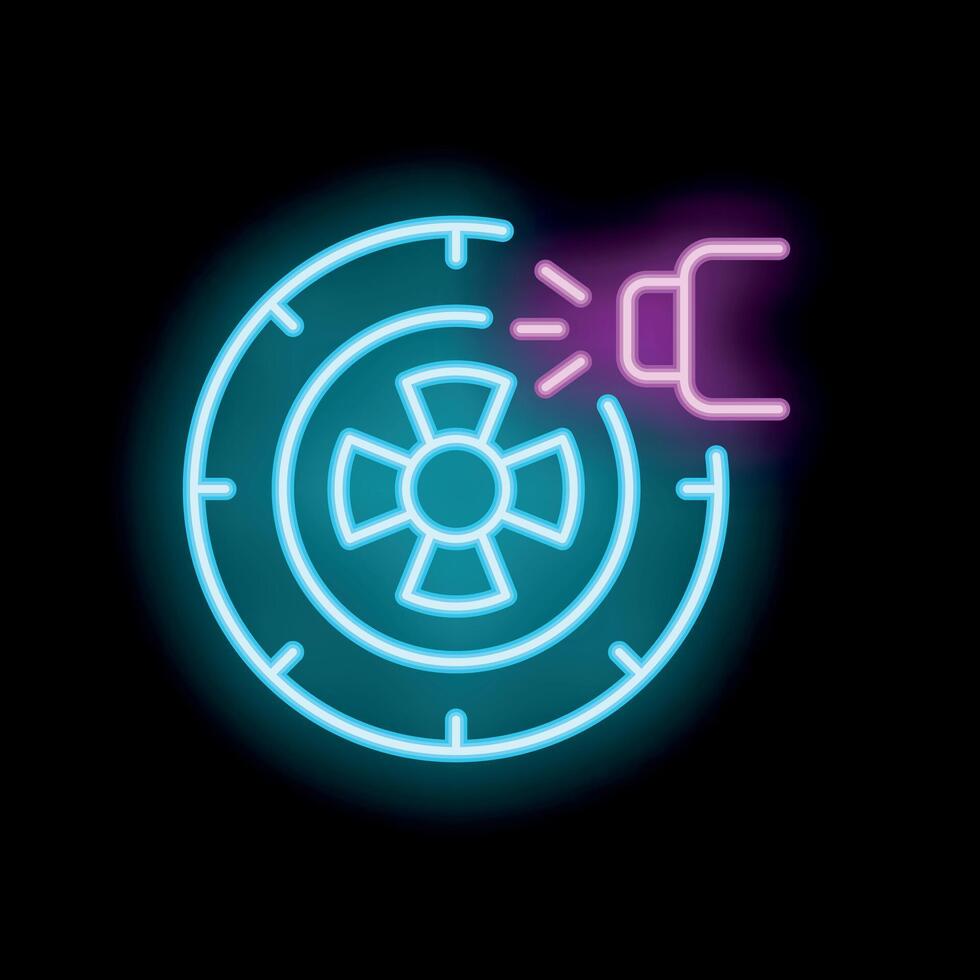Neon icon of a flashlight lighting up a ventilation fan on black background vector