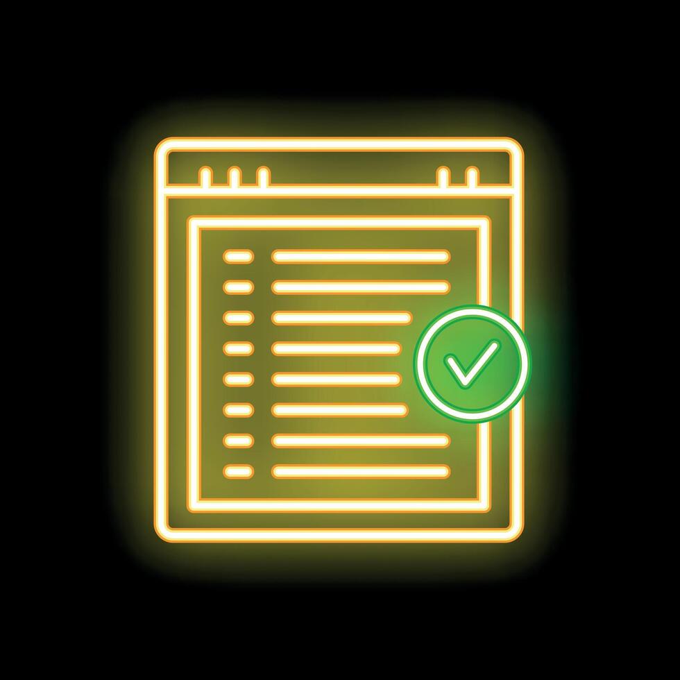 Neon glowing icon of a document with a check mark on a black background vector