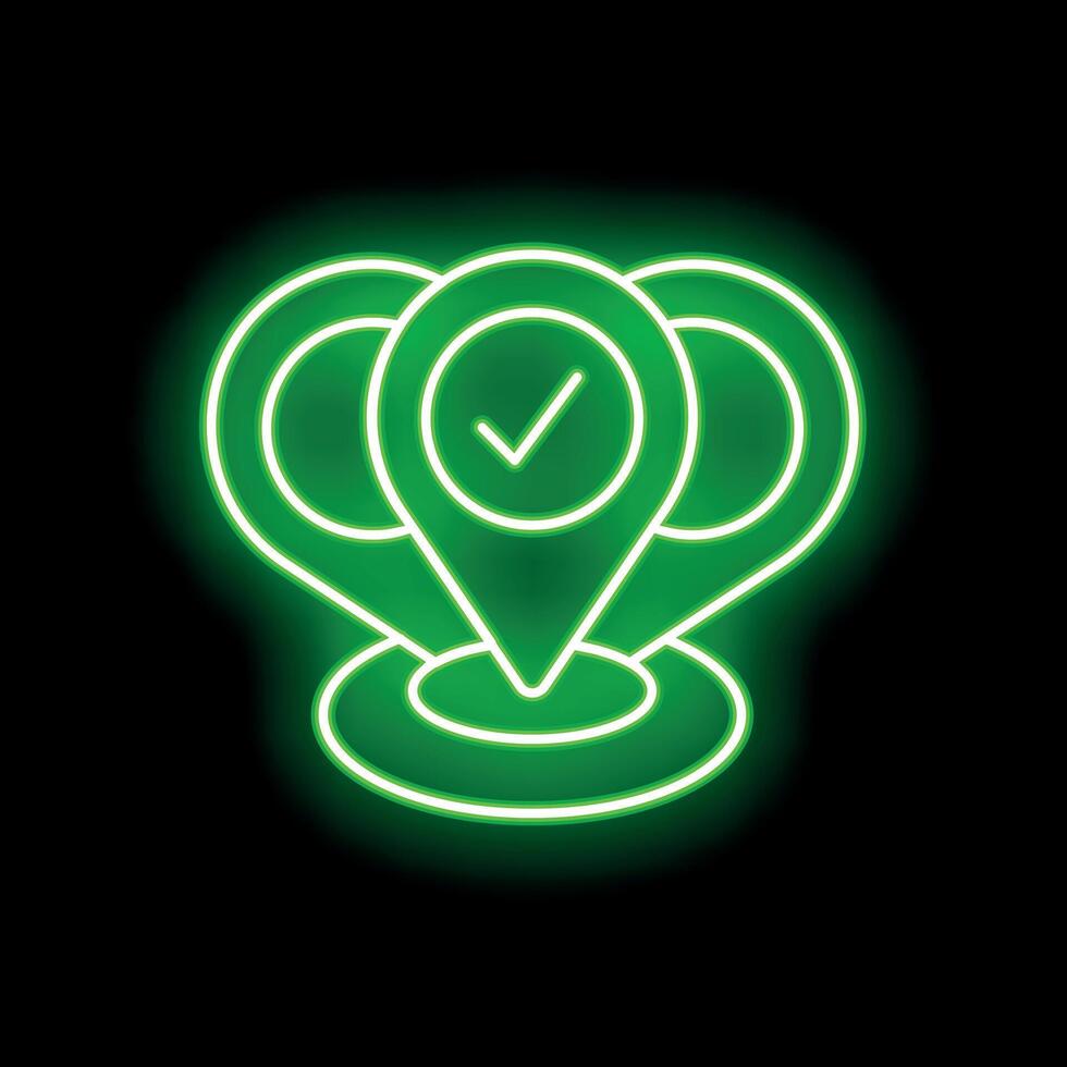 Neon green checkmark location pin showing correct place vector