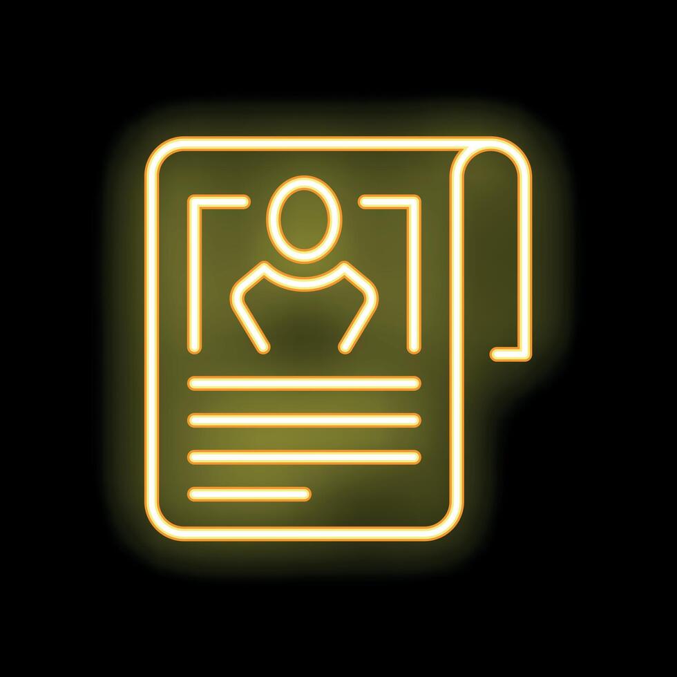 Neon icon of curriculum vitae document glowing on black background vector