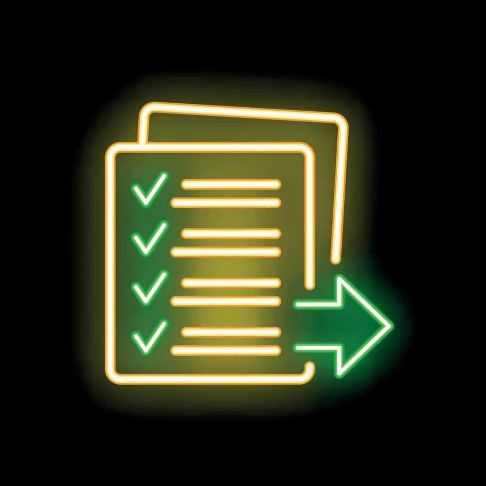 Neon icon of documents with check marks and right arrow on black background vector