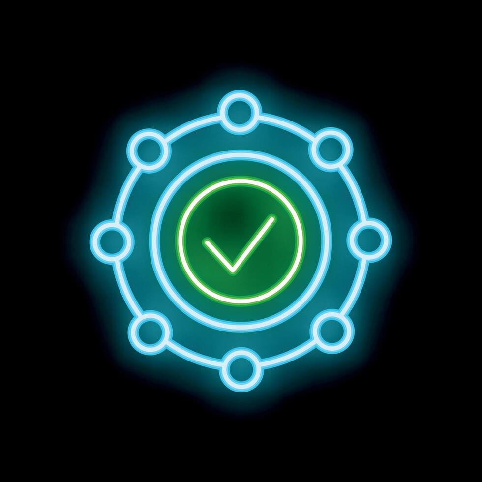 Neon icon of network security showing validated connection with check mark vector