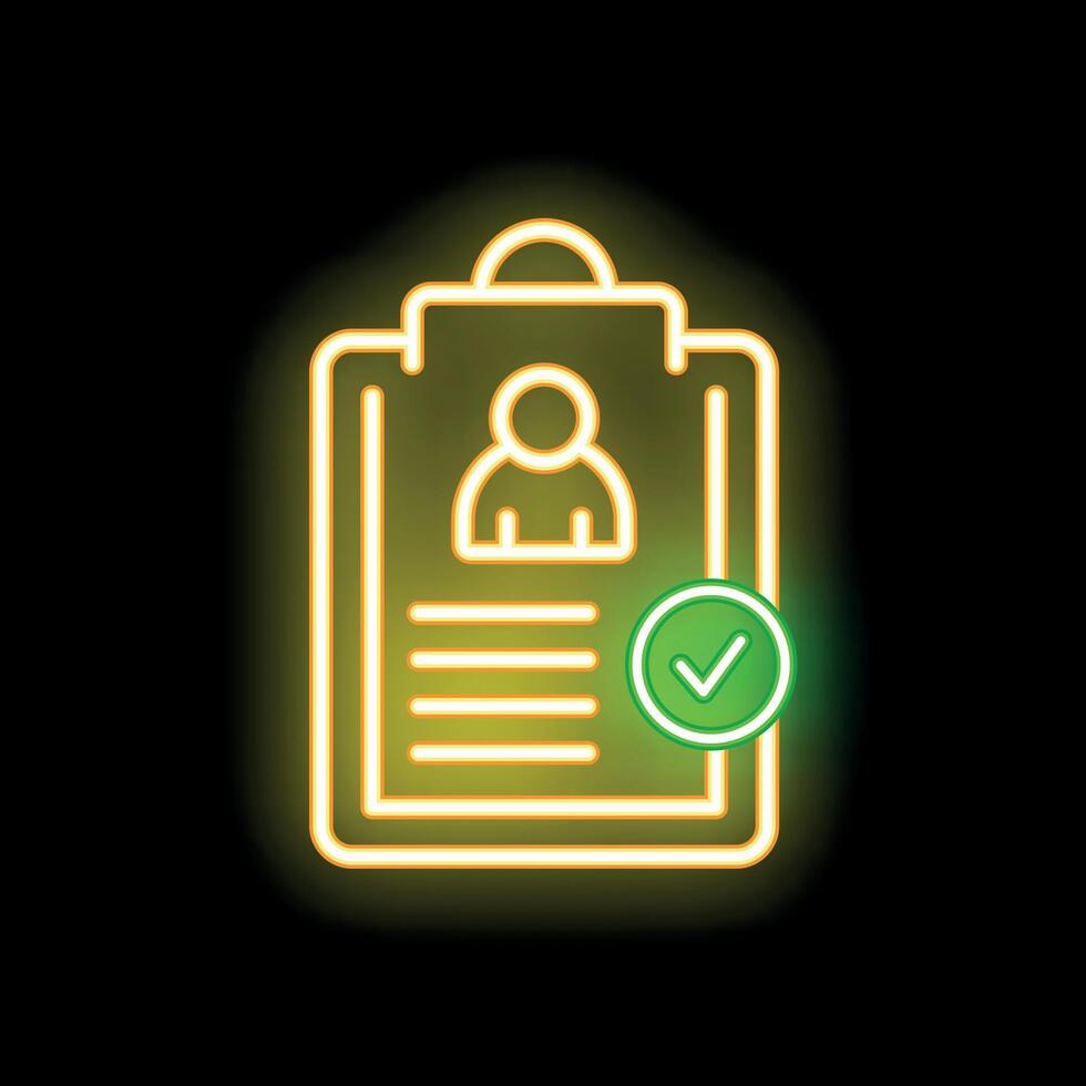 Neon icon of clipboard with candidate profile for job interview and green check mark vector