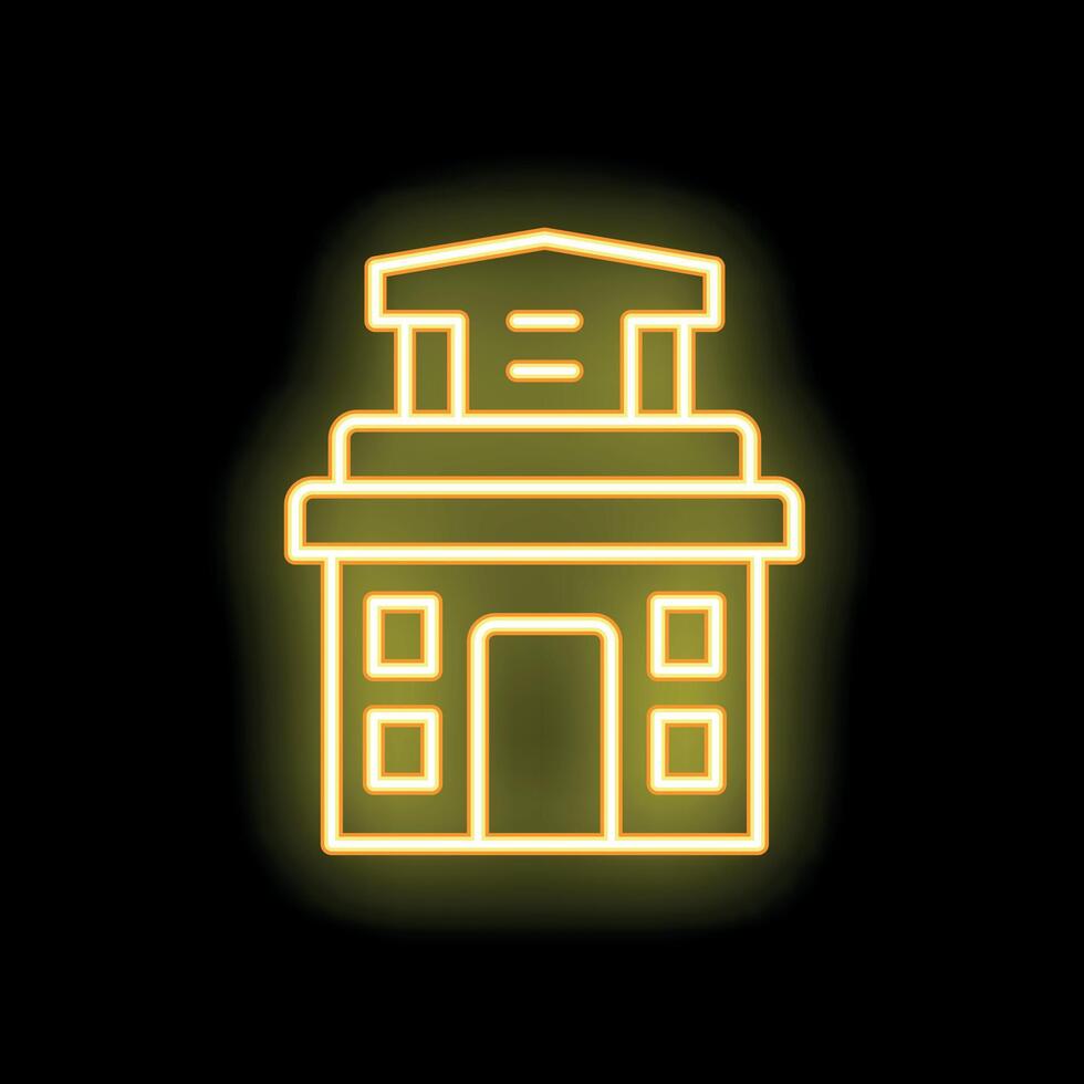 Glowing neon icon of multi storey building with attic on black background vector