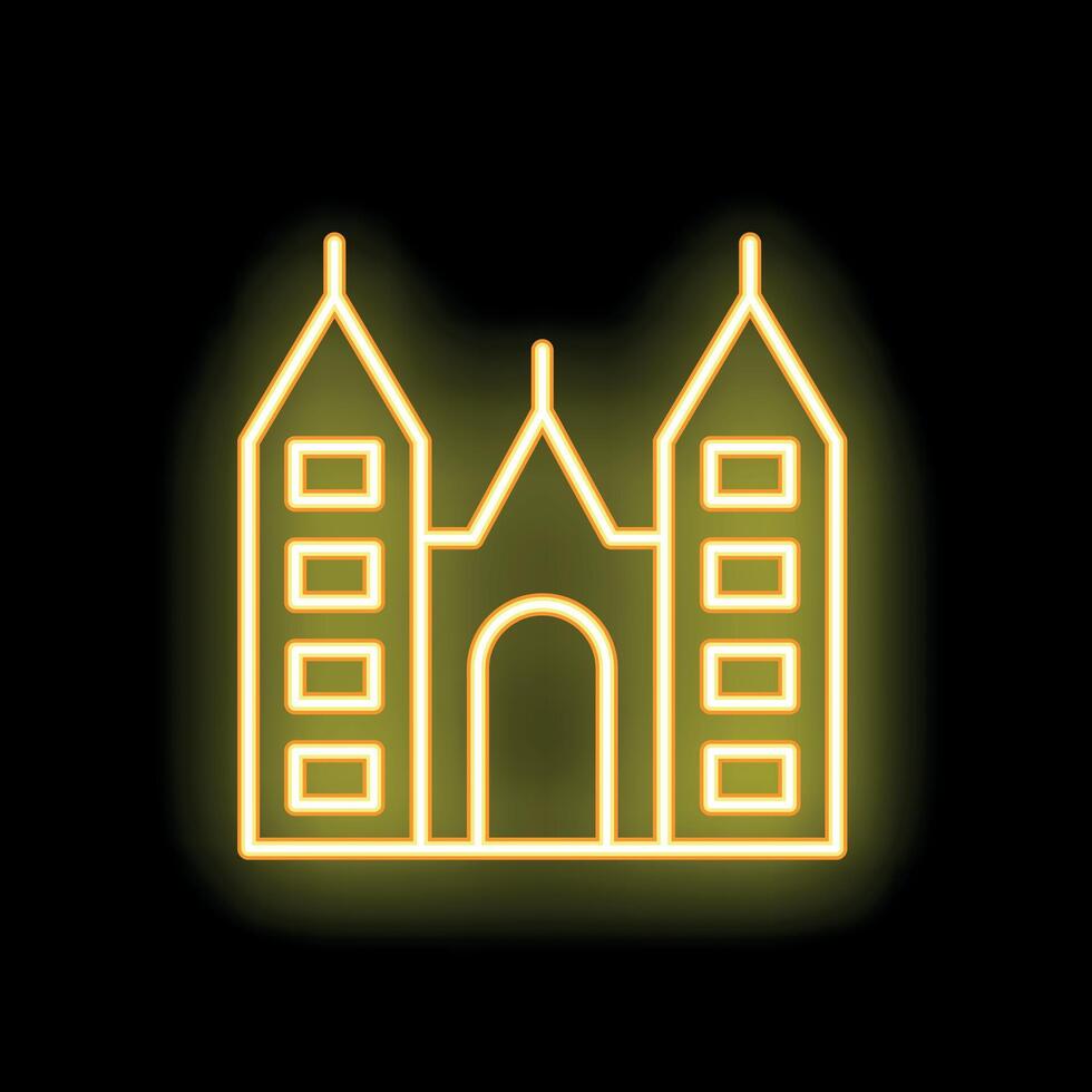 Neon yellow icon of medieval castle glowing on black background vector