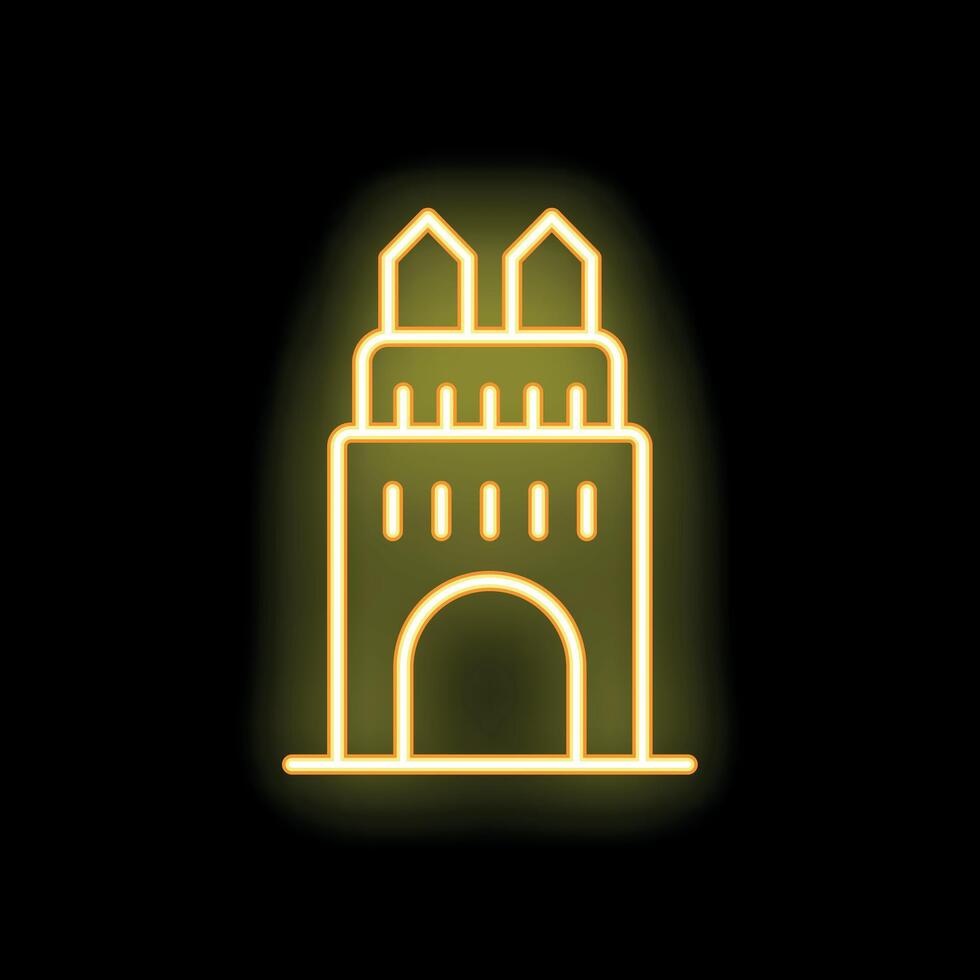 Neon sign representing a medieval castle tower shining on black background vector