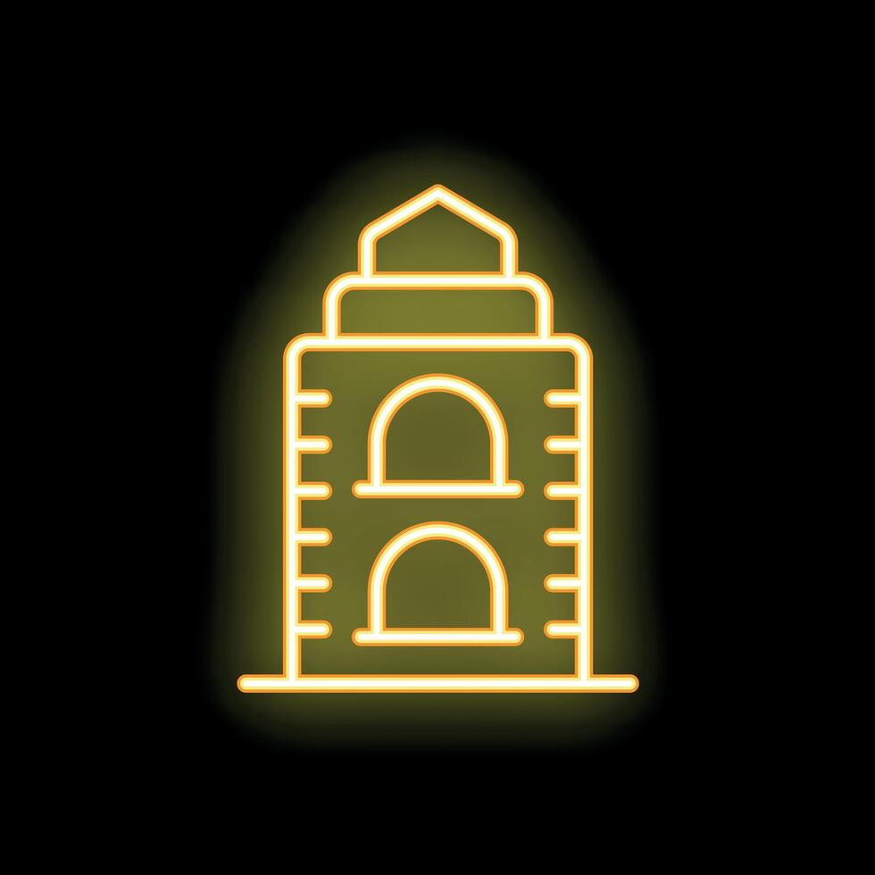 Neon yellow building with arch windows shining on black background vector